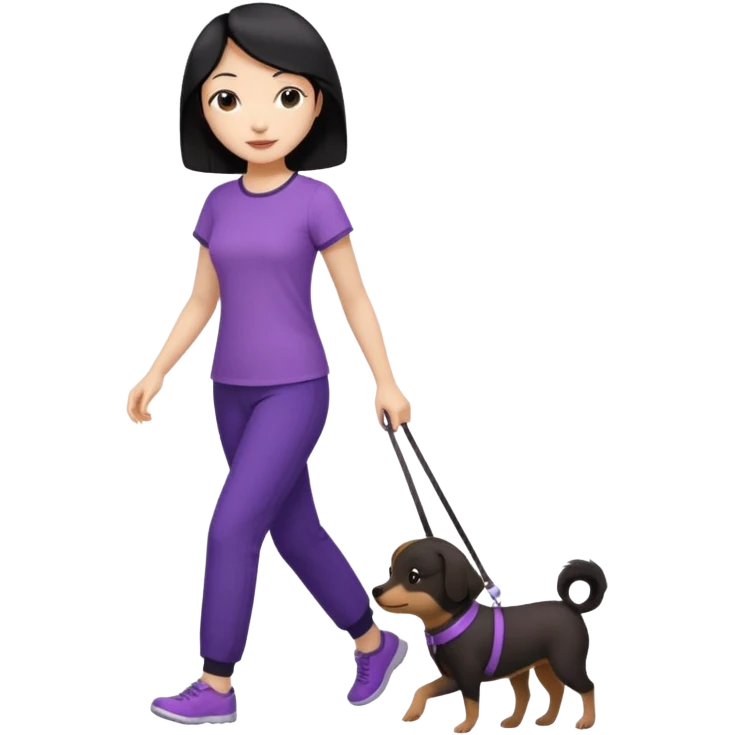 black hair Chinese woman wearing purple top and black pants walking a small brown dog emoji