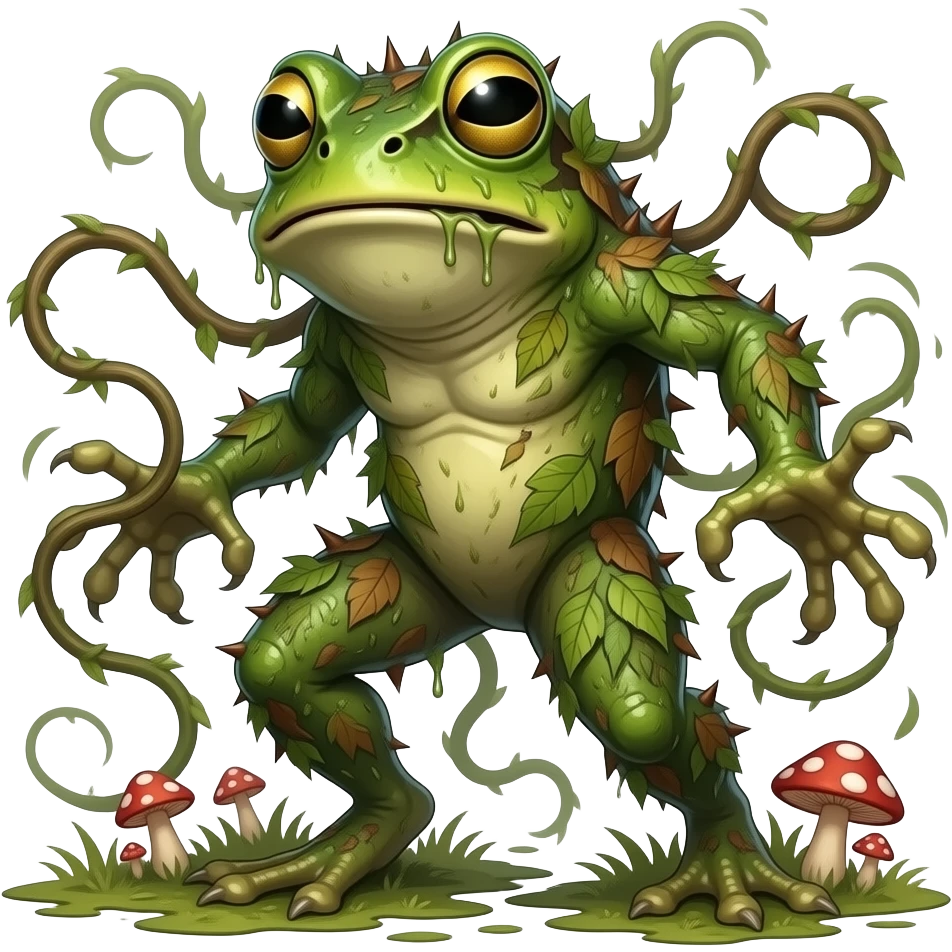 Mosskip A frog-like plant creature with spiky vine markings and damp green skin. it is dry, and is covered in leaves and mushrooms. attacks with whipping vines emoji