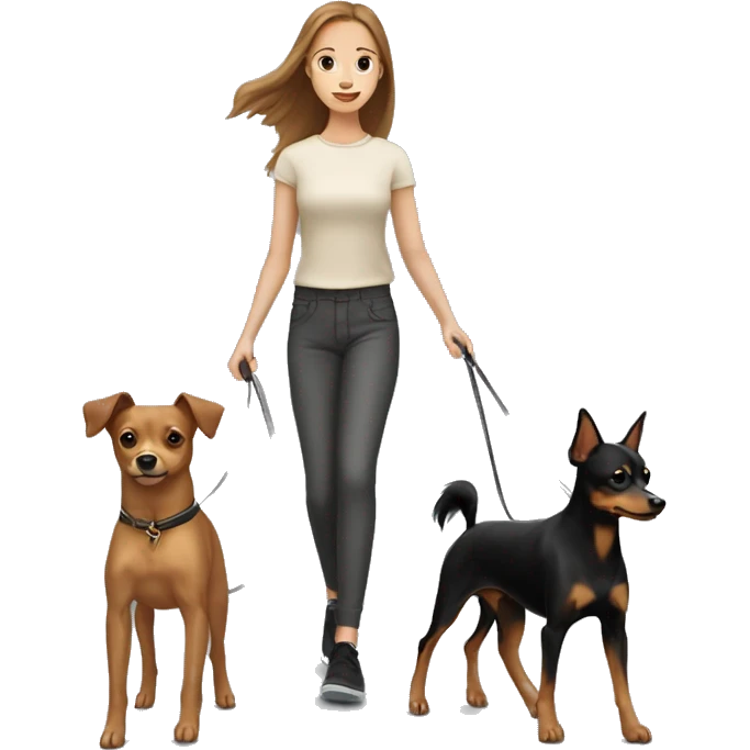 A light brown haired girl, walking one mini black and tan miniature Pinscher and one big light brown Spitz on the lead emoji