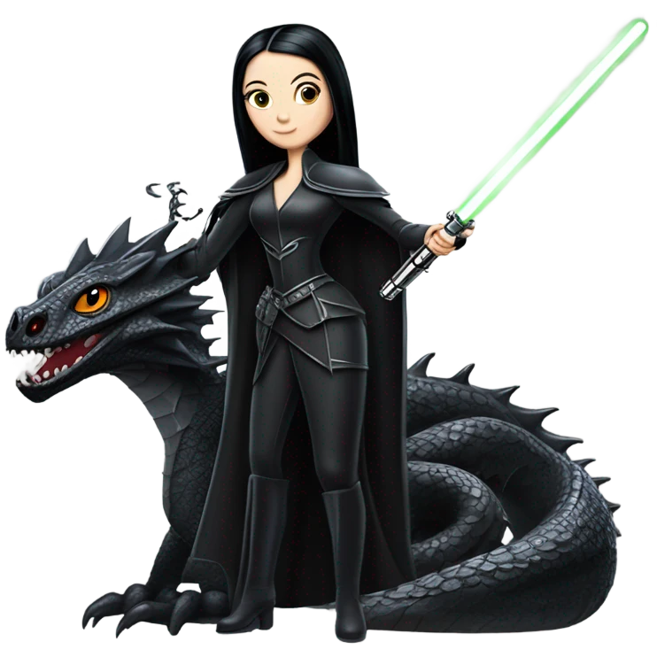  beautiful armored teen Morticia Addams Jedi riding on the back of a very large black shiny evil-looking dragon. to scale emoji