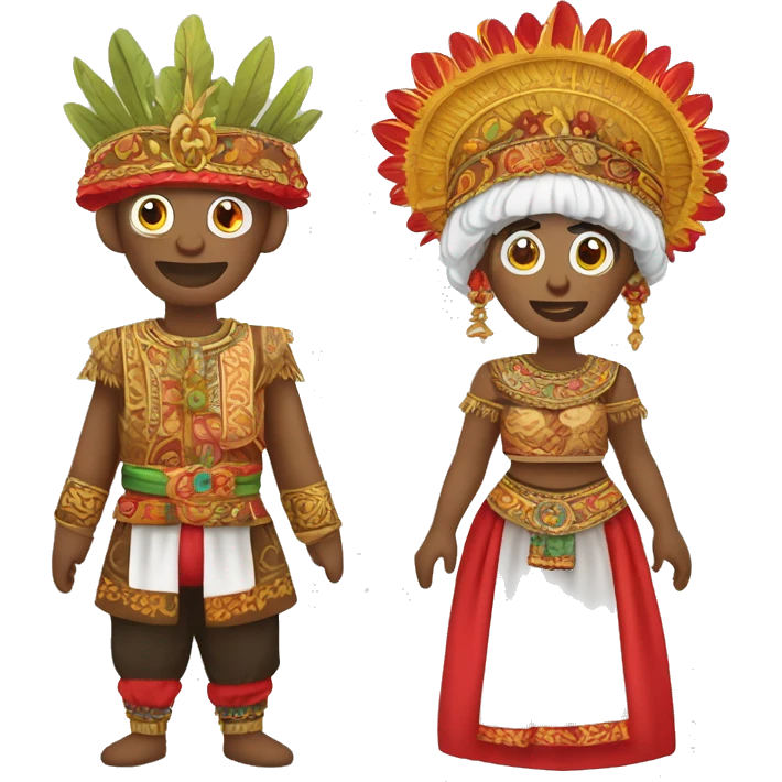 Create an emoji set for the traditional Indonesian ondel-ondel puppets. The male has a red face and fierce features, the female a white face and soft features. Both wear vibrant Betawi clothing and tall, crown-like headdresses with colorful decorations. emoji