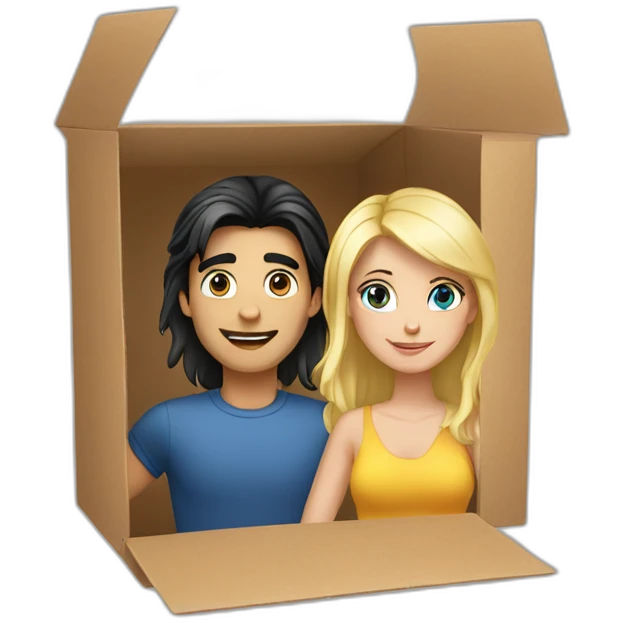 Girl with dark hair and blond blue eyes guy in box emoji