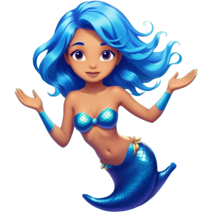 Cinematic Realistic Blue Hair Mermaid Portrait, head tilted playfully and inquisitively, showcasing a delicate, tropical form with finely detailed, flowing blue hair contrasting beautifully against her sun-kissed tanned skin. Her bright, curious eyes sparkle like sea gems under warm filtered light, rendered with lifelike clarity and soft underwater illumination—capturing the essence of a spirited mermaid poised to dance playfully amidst coral reefs. emoji