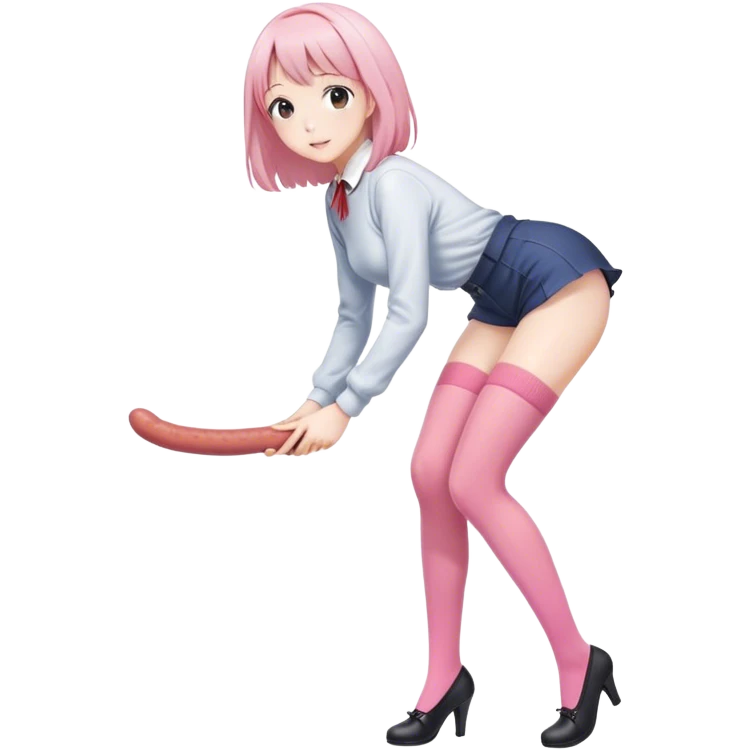 Anime girl in thigh-high stockings, bending over slightly while reaching for a pink sausage. Simple and cute pose, casual outfit, soft shading, playful and charming atmosphere. emoji
