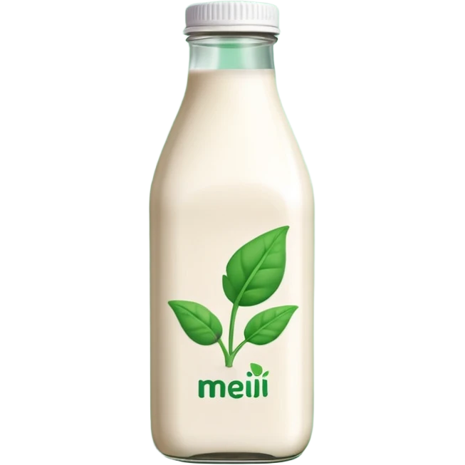 A 3D cartoon bottle of plant-based milk identical to dairy milk, small green tint or leaf mark, Memoji-style. emoji