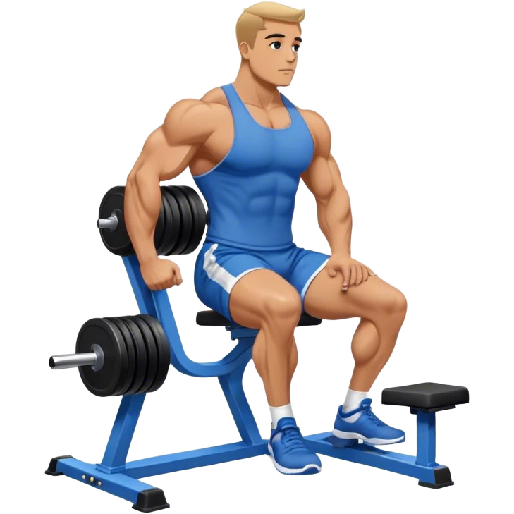 side-view bodybuilder in blue shorts seated weighted calf-raise machine on his tip toes emoji