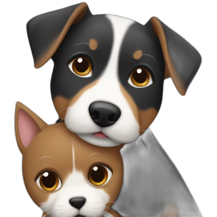 Black tabby cat hugging brown Jack Russell dog hugging emoji