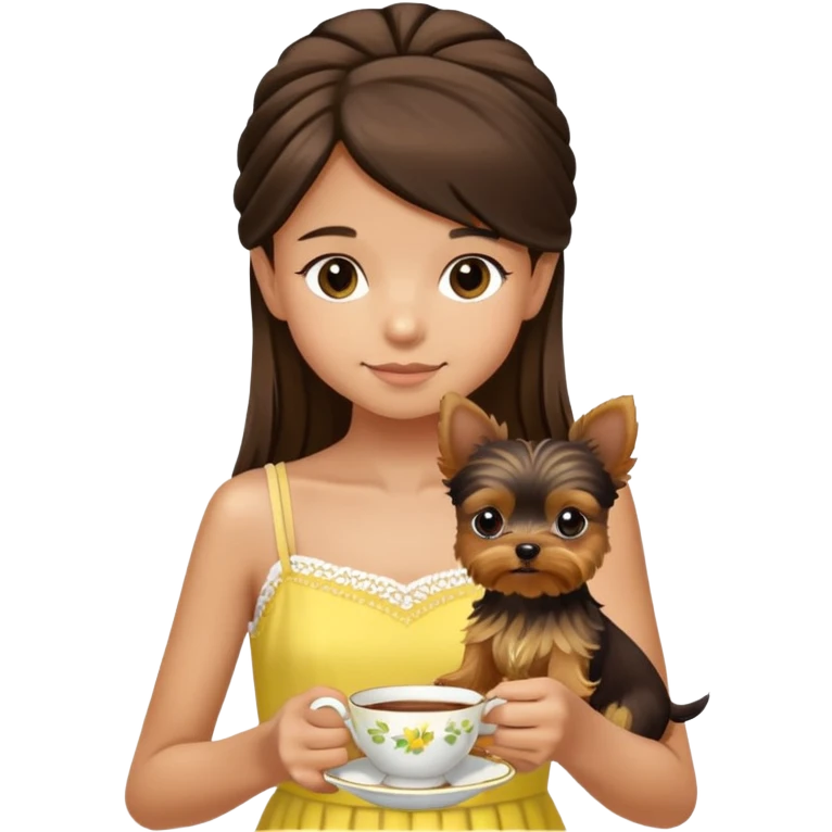 A tan 13 year old girl dark brown hair wearing a lemon dress white on top with spaghetti straps holding a teacup yorkie emoji