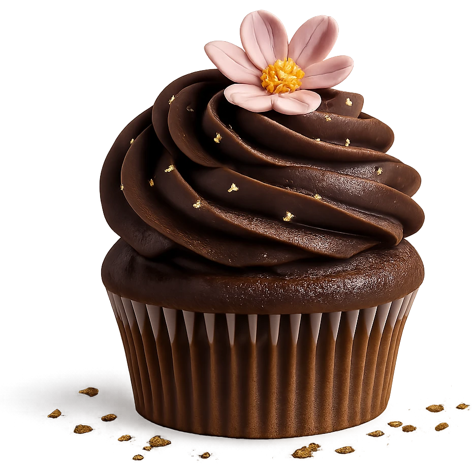 Change the icing to chocolate while keeping the realistic cupcake and accessories in a photorealistic style. Maintain transparent background. emoji