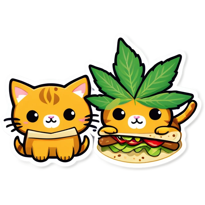 Kawaii Cannabis leaf and kittens eating tacos kawaii style  emoji