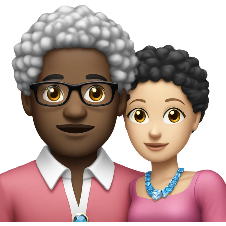 “black man with black afro and glasses and wearing a red shirt standing next to a white woman with blonde hair with blue eyes wearing a pink dress and a big diamond necklace” emoji