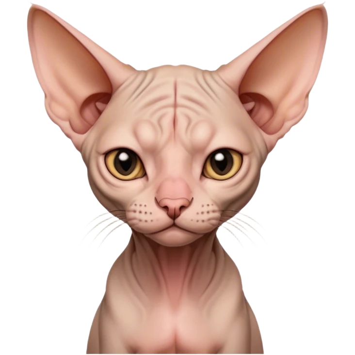 A hairless Sphynx cat, shivering slightly, big ears, wrinkled face, looking cold but determined, cartoon style, transparent background. emoji