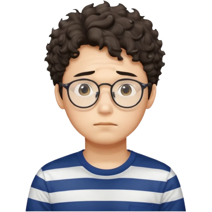  Korean male college student with a worried face , glasses with a bit curly hair, stripe t-shirt emoji