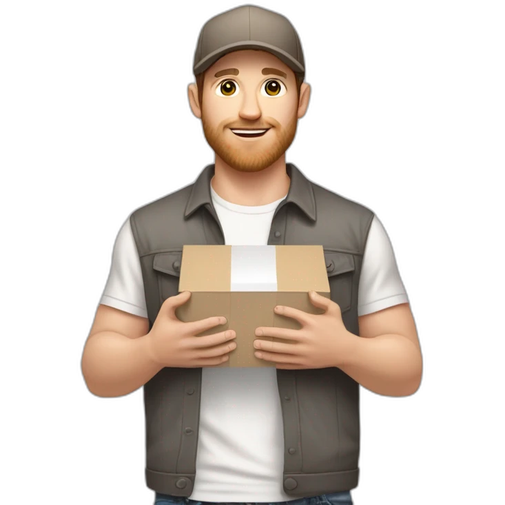 Pale skinned fit Man with dark brown hair in a light gray cap, dark brown jeans, brown polo and white T-shirt keeping a pasted with tape white box into his hands emoji
