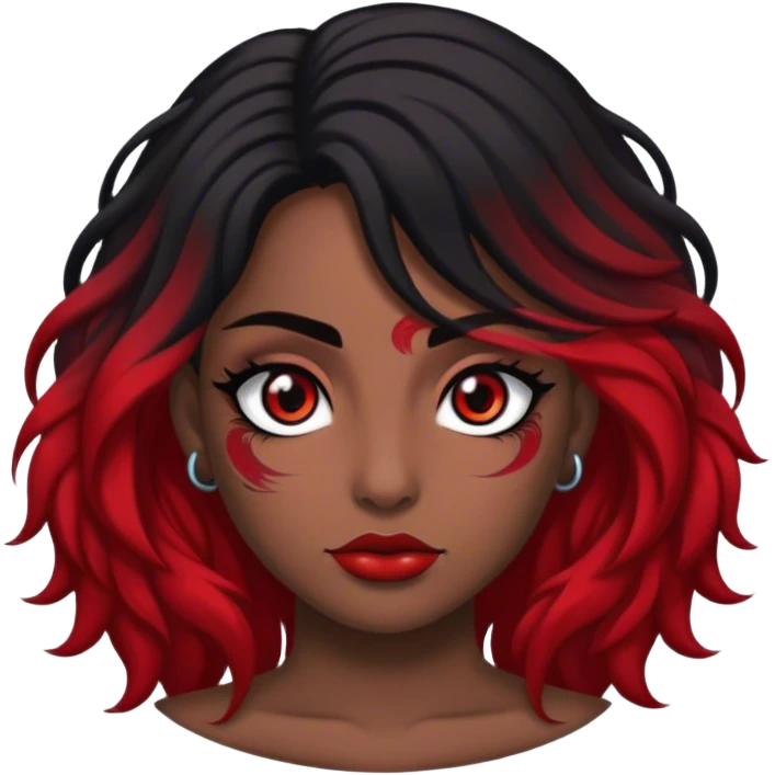 Mulher de cabelo vermelho escuro, olhos negros, sobrancelha preta, óculos e tatuagem no colo emoji