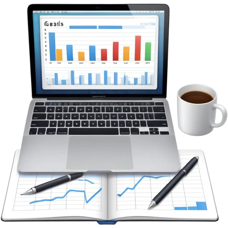 top view of a MacBook and a notebook with a pen nearby, notebook pages filled with handwritten bar charts emoji