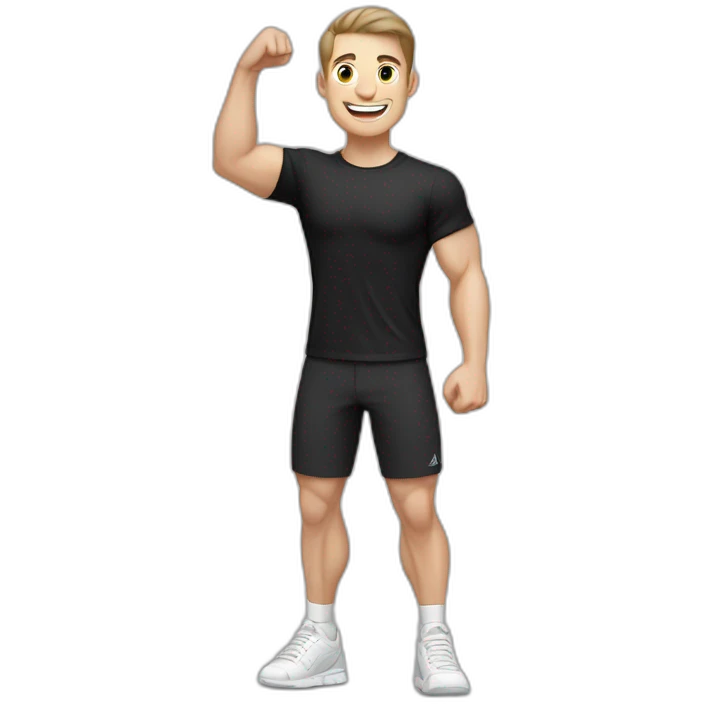 Joyful Celebrating victory Pale skinned Fit Man With the biceps and dark brown hair in black shirt, gray sports shorts and white Sneakers emoji