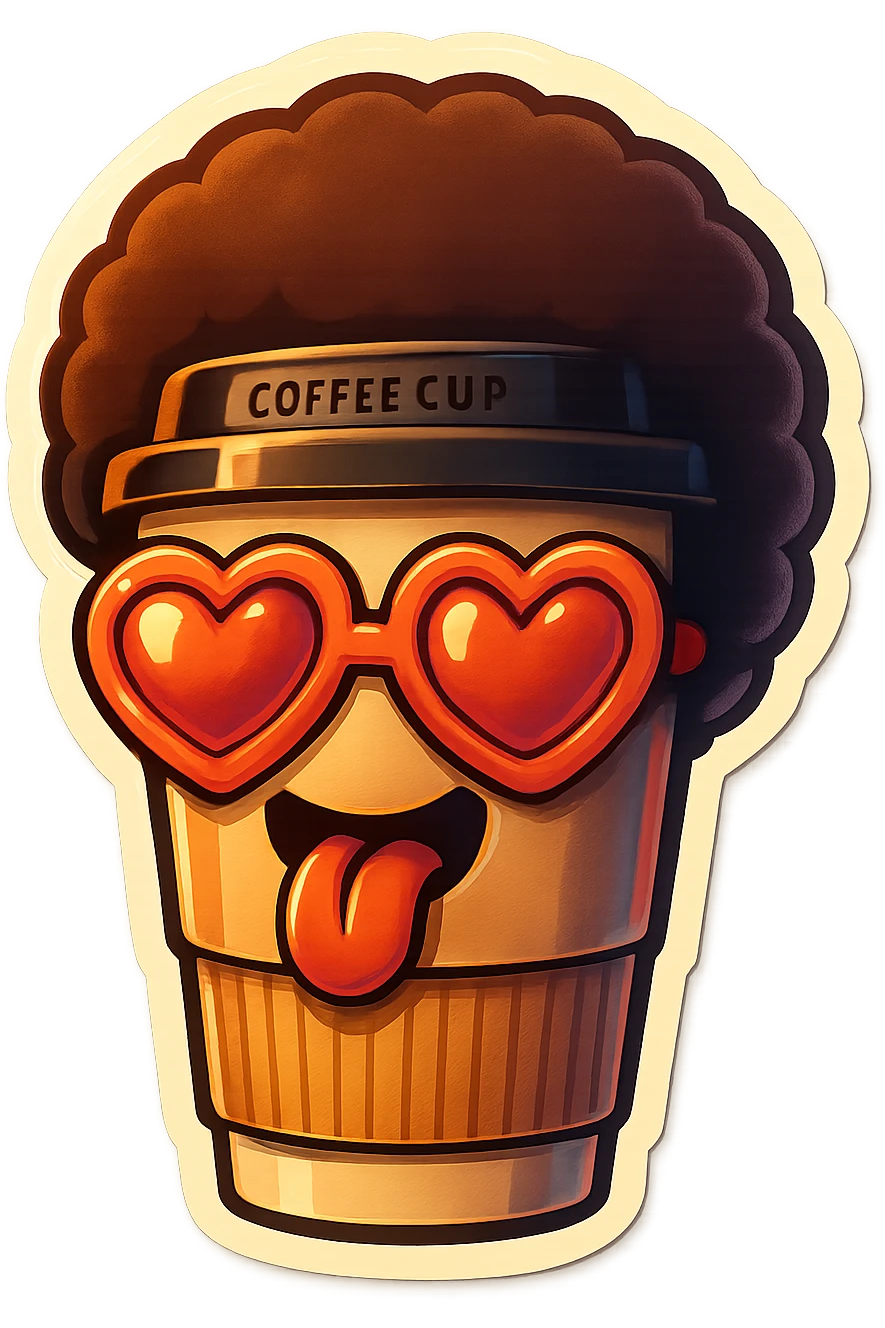 Tall coffee cupp, afro, heart glasses, big heart eyes, tounge rolled out emoji