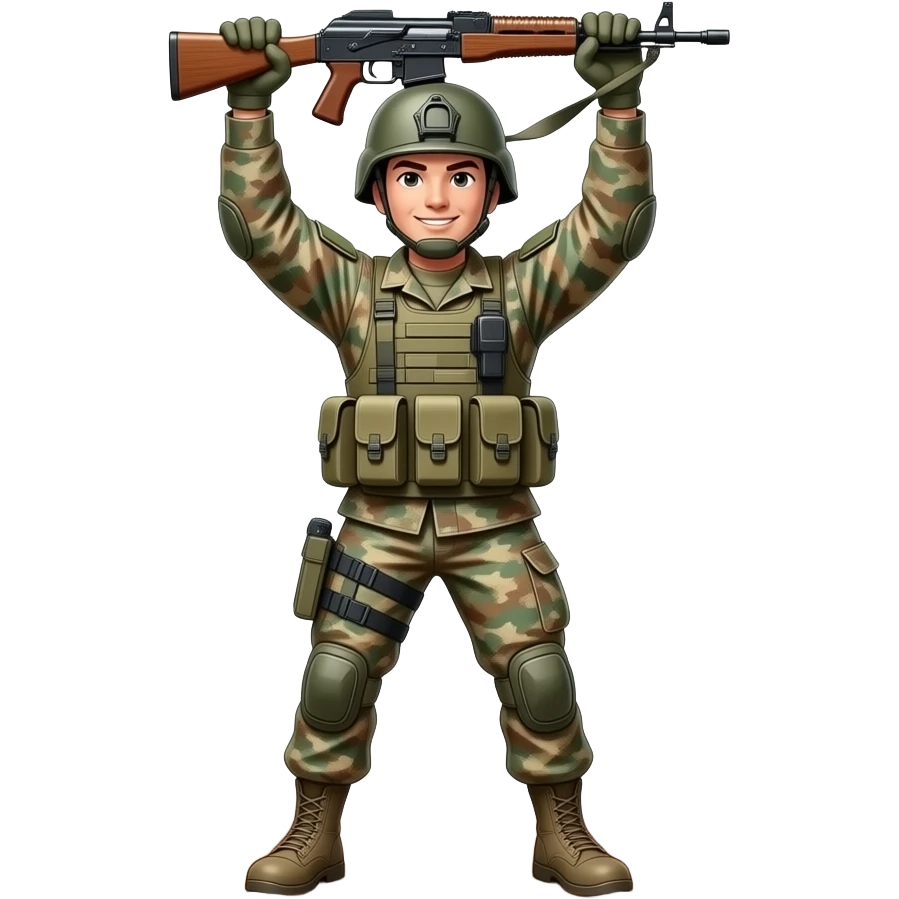 War person holding gun above head in victory emoji