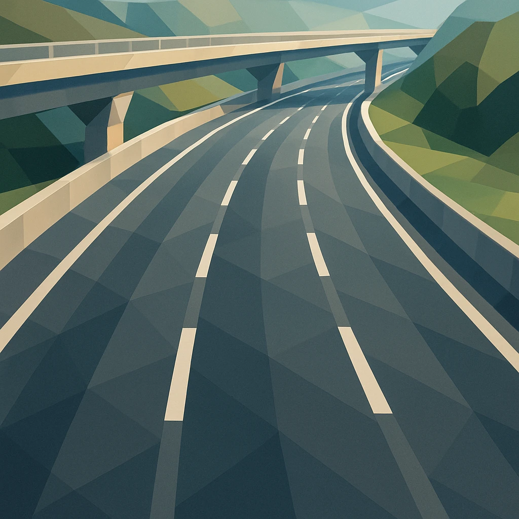 a modern expressway with multiple lanes, smooth asphalt, and clear lane markings, seen from above, low-poly polygonal illustration style emoji