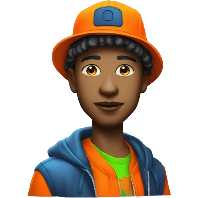 420 Young man Dave Lister wearing neon orange jacket and bucket hat 420 emoji