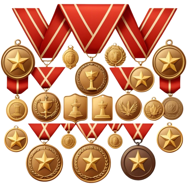 Icon for Collecting Orders, Medals & Badges: a variety of vintage orders, medals and badges, displayed neatly on a big red pennant or in a display case. The icon should reflect the honor and historical significance of these collectible items. Transparent background. emoji