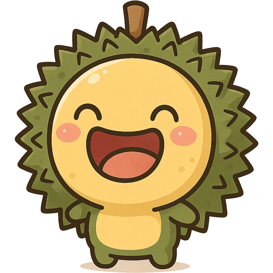 chibi style round durian character with green spiky shell and yellow flesh, laughing with eyes closed and mouth wide open, kawaii style, full-body emoji