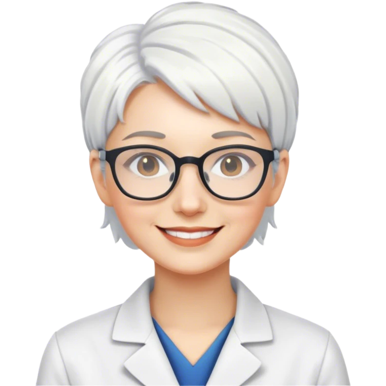 smiling woman scientist glasses indoors cropped pixie white hair  emoji