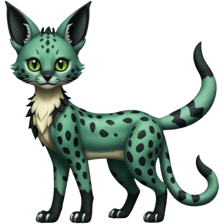 Epic complex detailed dark dusky gloomy deep gothic dark-deep-green, black, realistic Fakémon-Sprigatito-Floragato-Meowscarada-Trico-Sergal-Serval-Vernid-creature (full body) emoji