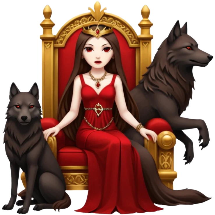 Lilith symbol seductress evil brown straight long hair haired, sexy succubus woman with red and black Chanel dress sitting on a Black and gold throne. A large black wolf laying beside he emoji