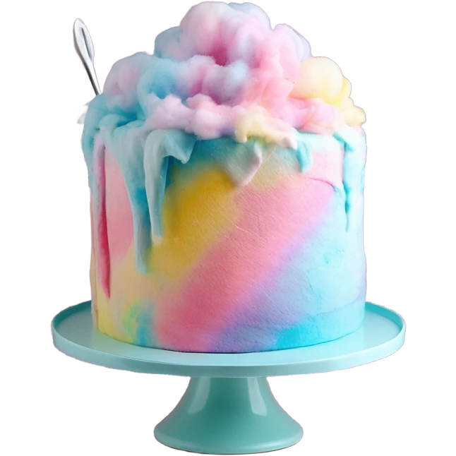 Realistic 5 layered cotton candy color pastel tie dye cake on cake stand with icing tool. emoji