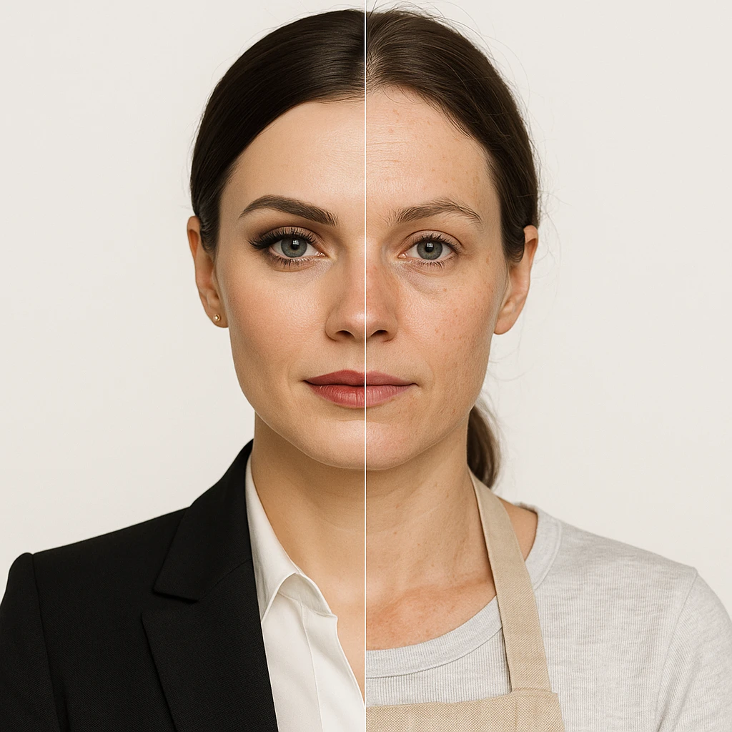 hyper realistic split-image of a woman, left side with elegant makeup and business suit, right side natural face, kitchen apron, white background, sharp contrast, symmetrical emoji