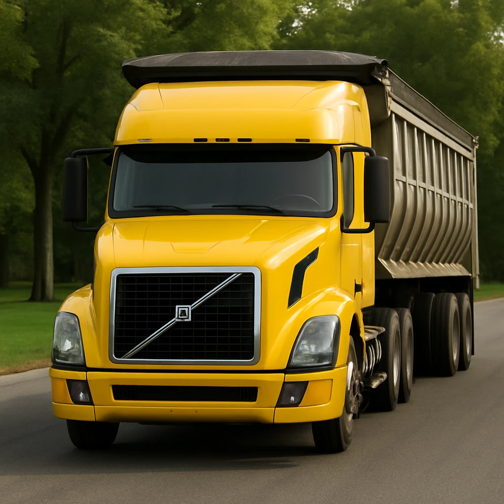 Make the yellow Volvo sleeper semi truck with a large end dump trailer facing the viewer as photorealistic as possible, with crisp details, realistic lighting, and a natural tree background. Maintain the photorealistic style and focus on realism and detail. emoji