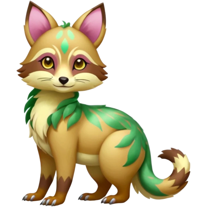 Colorful brown with rose pink, yellow-beige-cream, jade-green tropical exotic shiny beautiful fantasy-Vernid-Cacomistle-animal-Fakémon-hybrid-fursona (full body) emoji