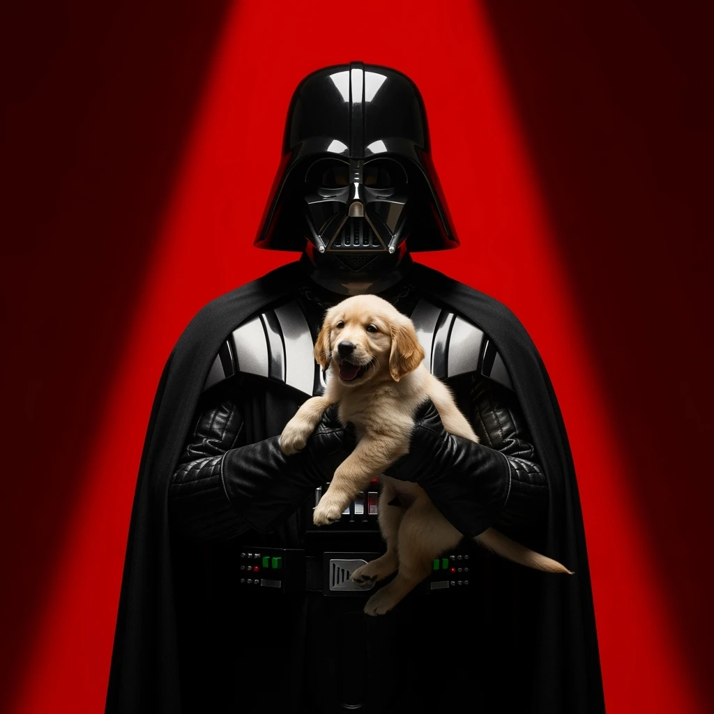 Photo of a darth vader holding puppy golden retriver, low key light, red solid background with leading lines, back light, spot light emoji