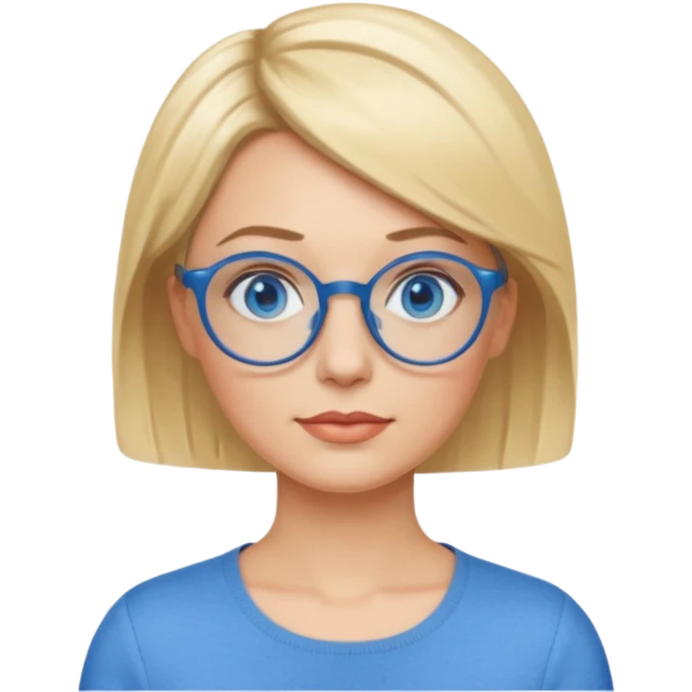 femme 40 ans cheveux très courts blond avec raie sur le coté, yeux bleu et lunettes rondes bleues emoji