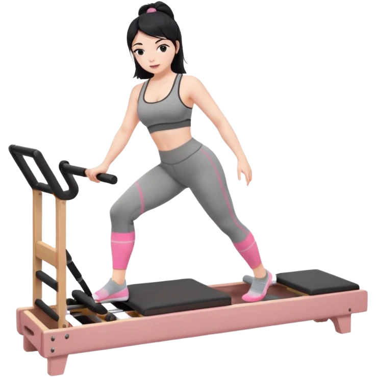 Create a Pilates emoji: a girl with fair skin and black hair, wearing a grey bra and grey leggings with pink pilates socks, exercising on a wooden reformer and not looking at the camera. Make the colors neutrals. emoji