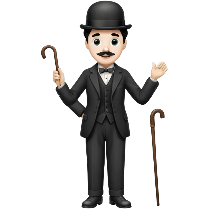 Charlie Chaplin with bowler hat, small mustache, suit, cane, and classic pose emoji