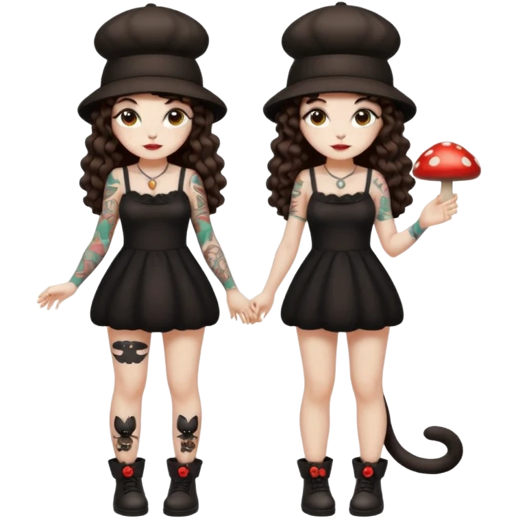 full body woman long curly brown hair brown eyes white skin tattoos black cat at feet, both wearing matching mushroom hats emoji