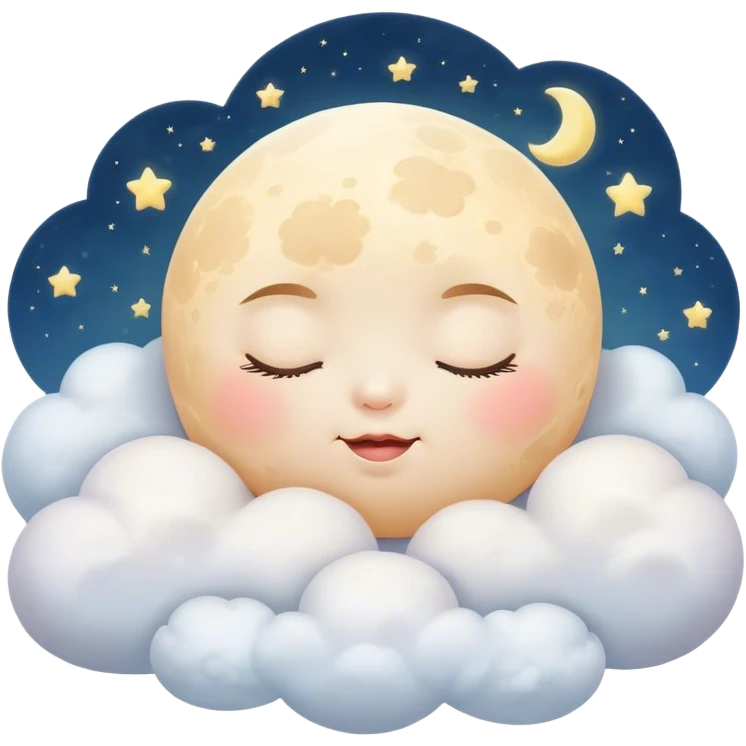 Cinematic adorable moon with a sleepy face, round and chubby, soft glowing light, tiny rosy cheeks, resting on a bed of fluffy clouds, dreamy and peaceful. emoji