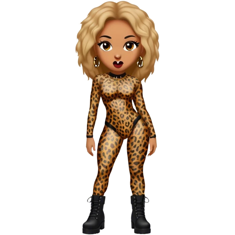 Melanie Brown wearing a tight leopard print bodysuit and black combat boots, showing her tongue ring emoji