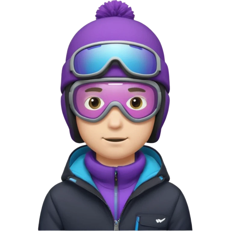 male Pro Snowboarder with white and grey beanie, ONE pair of purple and blue frameless goggles on and a black jacket emoji