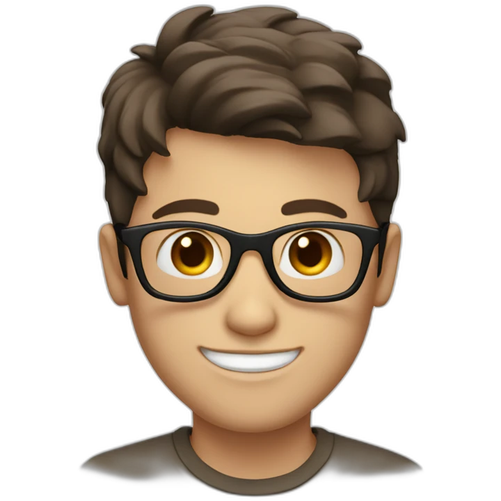 white boy with dark brown hair with circle brown glasses and a smile emoji