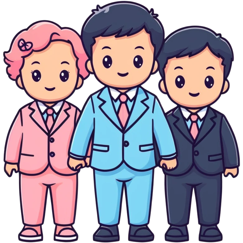 triplet toddlers with two girls in pastel pink clothes on each side and a boy in pastel blue suit in the middle emoji