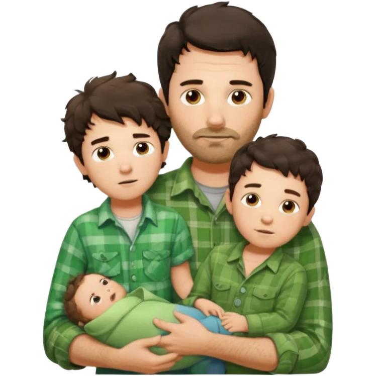 A father with messy medium-length dark hair and light stubble, wearing a green flannel shirt. He holds his one child who has short curly brown hair and a cream-colored romper. Cozy warm lighting, authentic family moment. emoji