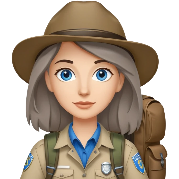 white woman park ranger with blue eyes, brown and gray hair, wearing a backpack emoji