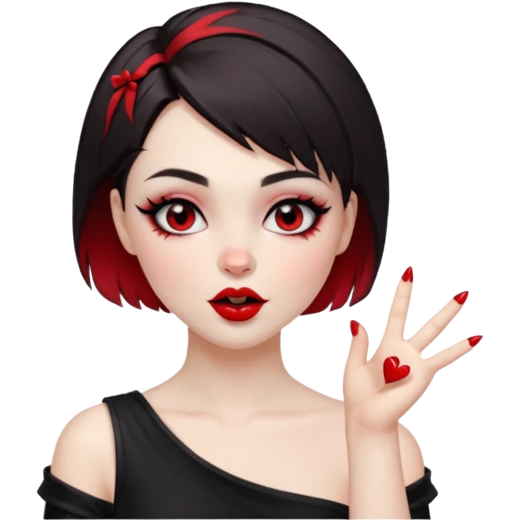 A girl with goth makeup and short hair( dark brown and bottom of hair red) winking and blowing kiss while raising one shoulder.  emoji