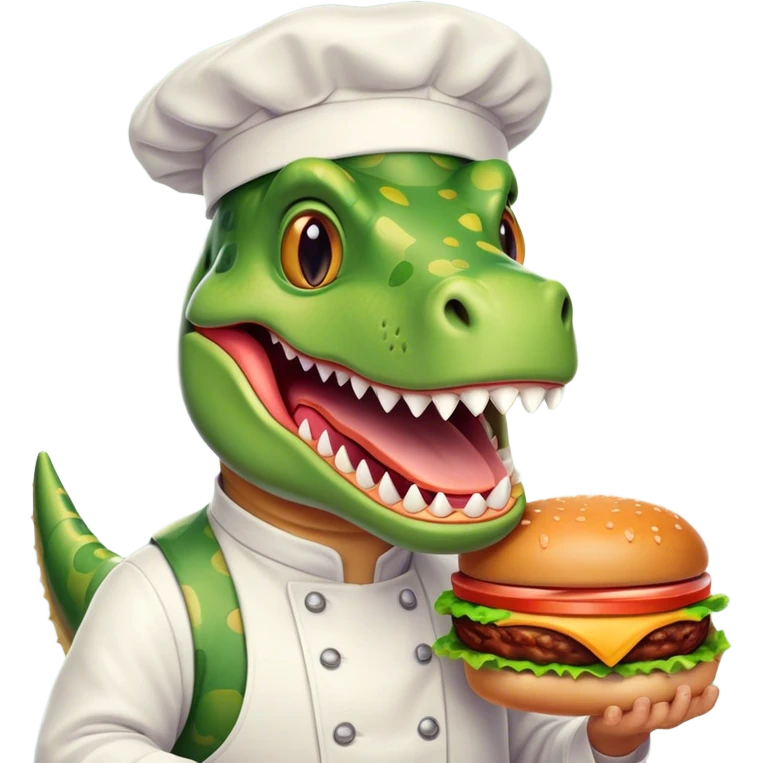 crea un dinosaurio rex alegre, sosteniendo una hamburguesa con el uniforme de chef emoji