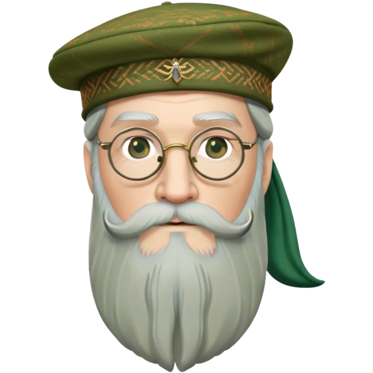 Dumbledore wear green scotland Tam o'shanter cap with decorative patterns, wear glasses, very long beard emoji