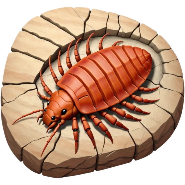 3D render of Trilobite, embedded in a chunk of rough sedimentary rock, cracked stone texture, ancient fossil aesthetic, fossilized in reddish sandstone rock, matte dry finish, Apple emoji style, isolated on white background --v 6.0 emoji